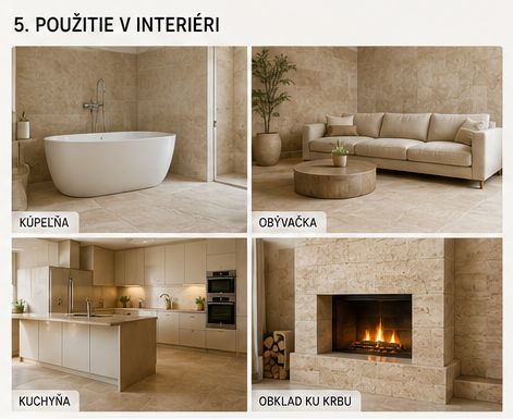 Travertín v interiéri – kúpeľňa, kuchyňa, obývačka a obklad ku krbu